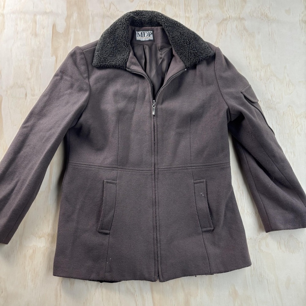 Mario De Pinto Jacket Womens Medium Brown Wool Sherpa Collar Zip Pockets USA